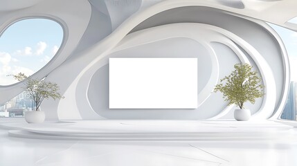 Futuristic Architectural Interior: 3D Render of a Modern White Space with Blank Screen AI Generated
