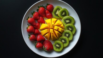 Delicious fruit platter strawberries, kiwi, mango; dark background; healthy snack