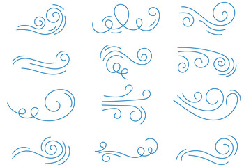Fototapeta premium A set of vector icons of blowing wind and sea waves. A symbol of windy weather. 1176