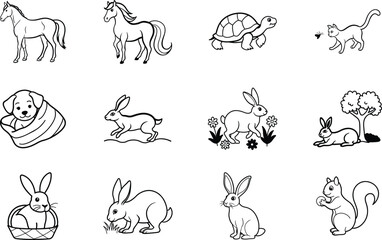 Obraz premium Cute Animal Drawings Horse, Cat, Turtle, Rabbit, Dog, Squirrel