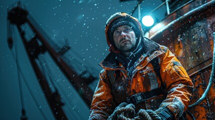Fototapeta premium A lone fisherman in an orange jacket stands on a snowy dock at night, surrounded by industrial equipment