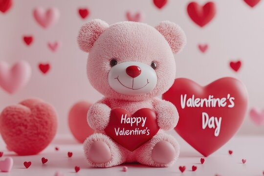 3w 3D pink teddy bear holding a heart, with red and pink hearts in the background and the text "Happy Valentine's Day" in a white color theme. --ar 3:2 