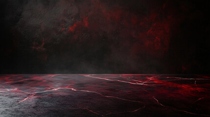 Dark, textured surface with red veining and a dramatic, smoky background