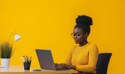 A Black woman sitting at her desk with a laptop, working on digital marketing in an office space. The background is a minimalist solid color with yellow tones.