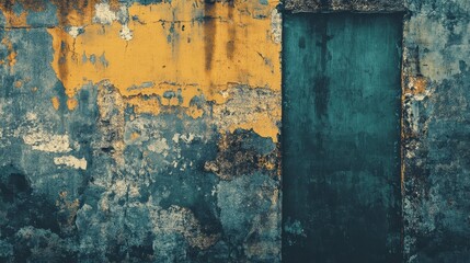 Decayed wall with yellow paint alongside an aged blue door