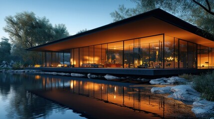 Fototapeta premium Modern home by a lake at dusk, lit interiors reflected