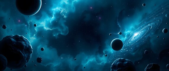 A dark fantasy galaxy wallpaper showing a detailed depiction of stars, planets, and nebulas with a focus on deep shadows and rich contrast, in a painterly digital style using blues.