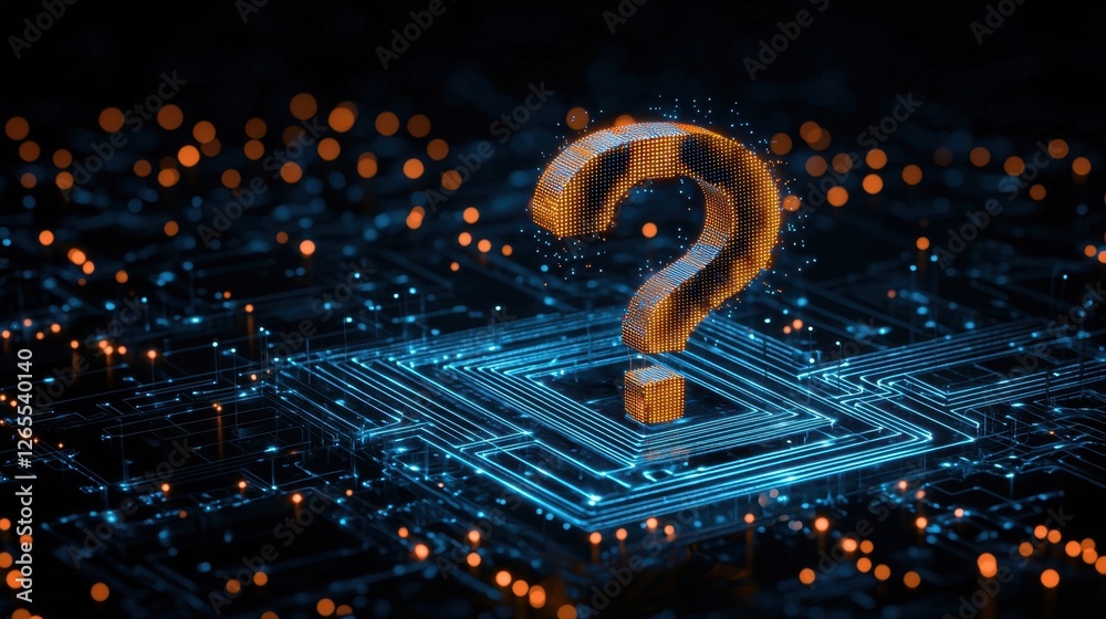 Poster digital question mark on a circuit board background with glowing particles in blue and orange colors