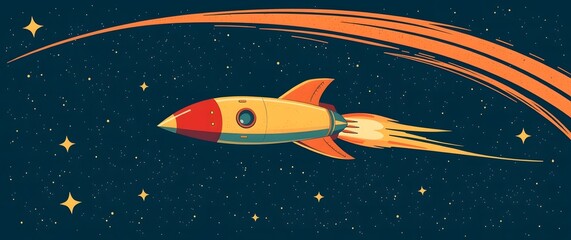 A vintage space wallpaper depicting a retro rocket ship soaring through a starry night sky, rendered in a 1950s style with vibrant colors, bold lines, and a classic illustration ae.