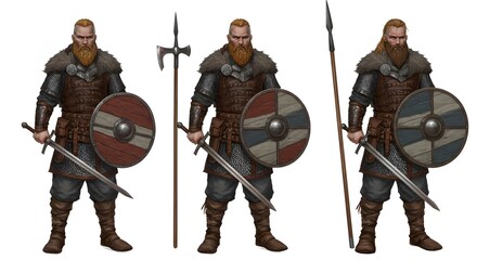 Naklejka premium Viking Warriors with Shields and Axes – Historical Norse Fighter Illustration isolated on white background 