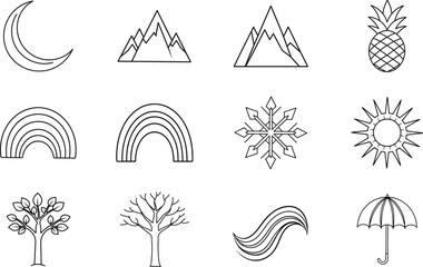 Nature Icons Moon, Mountains, Sun, Rainbow, Weather Symbols