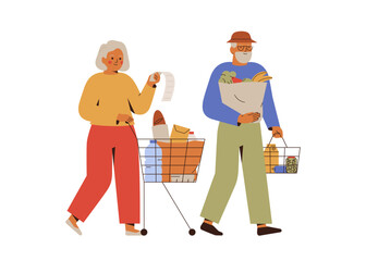 Senior couple walking with groceries after shopping. Elderly man and woman with cart and bags full of fresh food and drinks. Family buy products in supermarket and check expenses. Vector