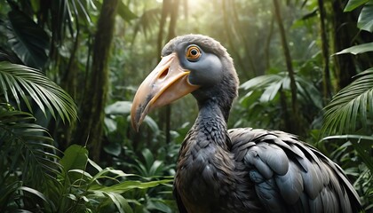 Fototapeta premium Shoebill Stork Bird Looking in Lush Green Jungle Environment