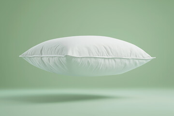 A white pillow floating in the air against a green background, product photography, studio lighting, high-resolution photography.

