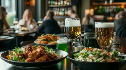 Fototapeta premium Friends laughing and enjoying food and drinks at a lively irish pub cozy atmosphere indoor setting