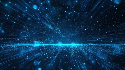 Fototapeta premium Futuristic Blue Light Burst Abstract Background with Particle Showers in a Dynamic Space Environment for Technology or Sci-Fi Themes