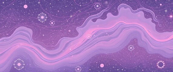 Naklejka premium A stylized digital illustration of a galaxy wallpaper, in the art nouveau style, with flowing lines and pastel colors of pink, lavender, and pale green, creating a dreamy and ether.