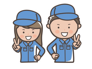 元気にピースをする作業服を着た男女作業員（清掃員）の上半身イラスト