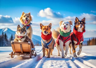 Naklejka premium Adorable Purebred Dogs Pull Sled Through Sparkling Winter Snow