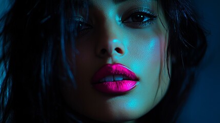 A striking female model with vibrant pink lips, half her face in shadow, exuding bold elegance and mystery.