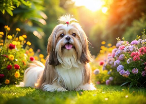 Adorable Shih Tzu Puppy Playing in a Lush Summer Garden - Panoramic Stock Photo
