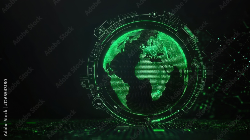 Poster futuristic green globe with digital data points and circuit patterns representing connected world in