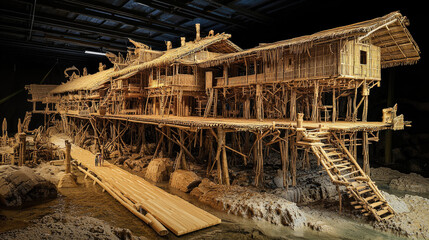 Intricate bamboo structure on stilts over water, showcasing craftsmanship and serene surroundings