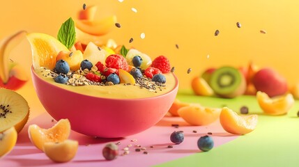 Obraz premium Pojjw 94734 create a vibrant image of a smoothie bowl filled with fresh fruits nuts and seeds topped with colorful toppings and yogurt