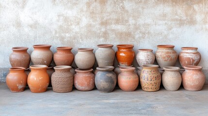 Collection of Traditional Clay Pots Displayed Against Textured Wall