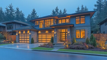 Modern home exterior at twilight, neighborhood setting