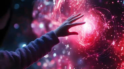 A hand reaches for a glowing red-pink energy vortex in a futuristic cosmic scene. represents themes of technology, human interaction with the digital world, energy manipulation, futuristic exploration