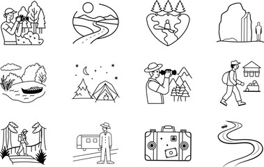 Obraz premium Nature Adventure Travel Icons Hiking, Camping, Exploration, Scenery