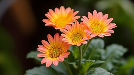 Close-Up of Orange and Yellow Daisies with Green Leaves