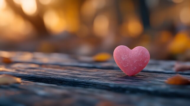 The image features a small pink heart-shaped obje resting on a wooden surface symbolizing love affection and warmth in a cozy environment