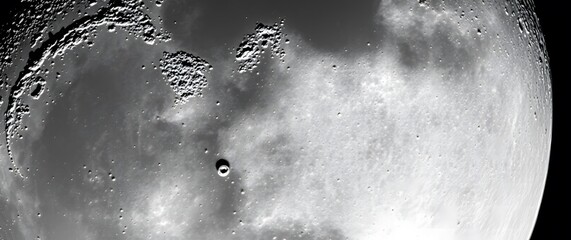 A close-up, detailed view of the surface of the moon, with craters and lunar dust, textured and grainy, in monochrome grayscale tones creating a moody lunar wallpaper design.