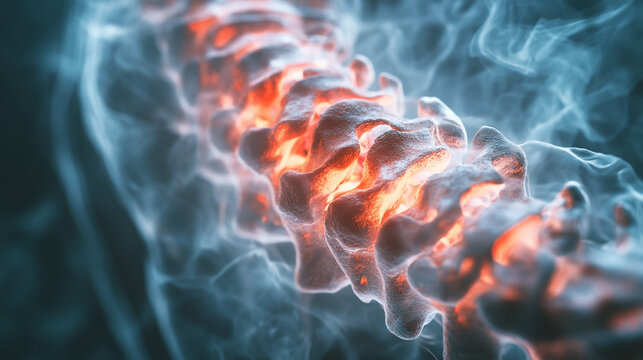 Medical 3d x-ray illustration of a human spine and brain, painful nervs are highlighted in red.