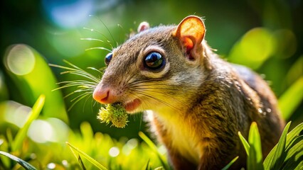 Obraz premium Adorable Treeshrew Snacking on Grass in Lush Green Lawn - Stock Photo