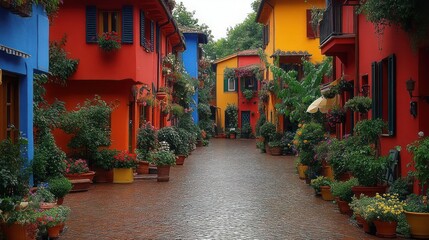 Colorful Italian village street, flowers, plants, cobblestone, tourism, postcard