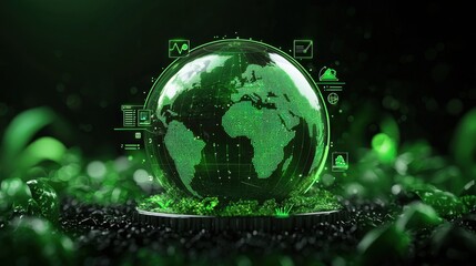 Digital globe with green data visualization concept representing global connectivity, technology, and environmental awareness in a futuristic setting