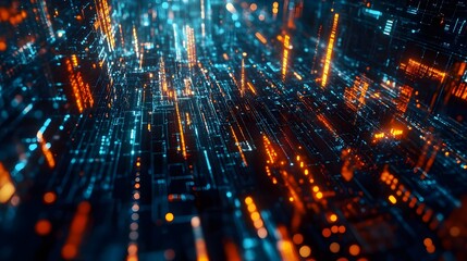 Obraz premium A futuristic digital network with glowing blue and red holographic interface elements, artificial intelligence, big data, cybersecurity, futuristic technology, machine learning, digital infrastructure