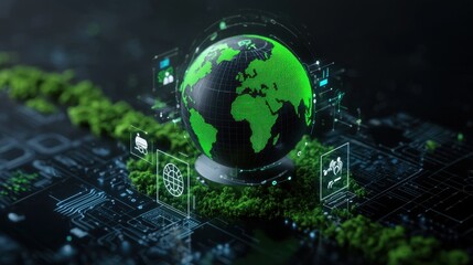 Green Digital Earth with Technology Icons and Circuit Board Background Representing Sustainability and Innovation in a Modern Environment