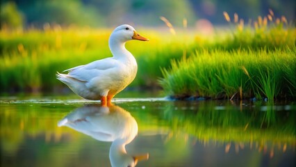 Obraz premium Adorable White Duckling on Grassy Island in Calm Water - Nature Stock Photo