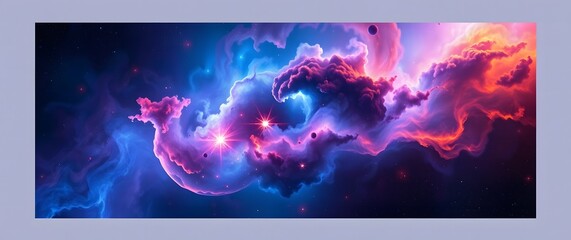 A breathtaking cosmic landscape wallpaper featuring a vibrant nebula swirling with deep blues, purples, and fiery oranges, rendered in a photorealistic style, showcasing intricate .