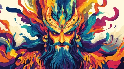 Mythical man with vibrant face and beard. Colorful flames and swirling elements in the background. For art