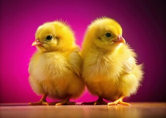 Fototapeta premium Adorable Yellow Chicks Silhouette on Pink - Cute Baby Bird Stock Photo