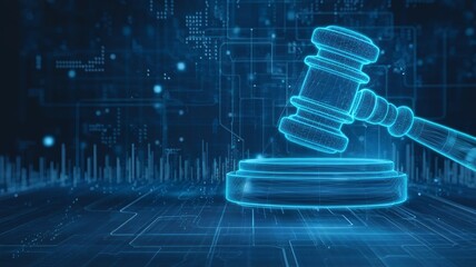 A glowing digital gavel representing justice and law in a futuristic setting.