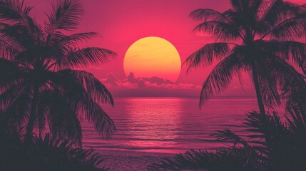 Obraz premium Sunset beach silhouettes, vibrant colors, palm trees, peaceful scene
