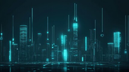 Fototapeta premium Futuristic Cityscape with Neon Lights and Data Visualization Elements in a High-Tech Digital Environment for Infinite Possibilities and Innovations