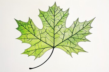 Fototapeta premium Green maple leaf illustration, nature detail, white background, botanical art, design element