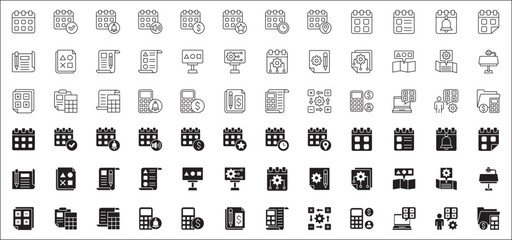 Business calendar schedule icon set. Finance and accounting icons. Icon set contains symbol of plan, strategy, calculator, agenda, financial, billing, event alert, profit, invoice, and statement.